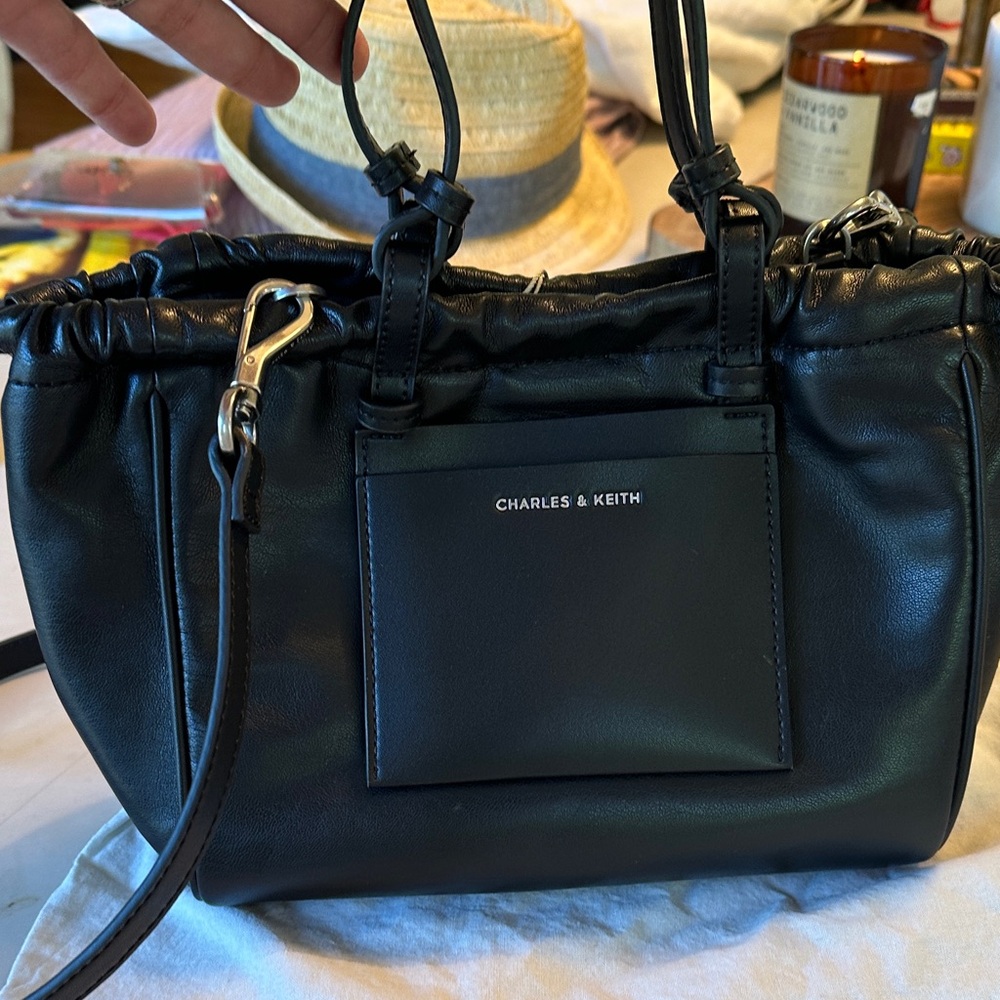 Charles & Keith Black Ruched Leather Shoulder Bag